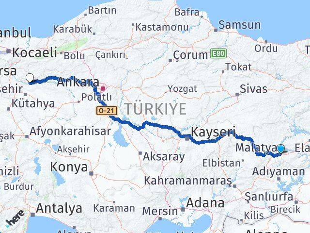 Malatya Sarıcakaya Eskişehir Arası Kaç Km - Yol Haritası