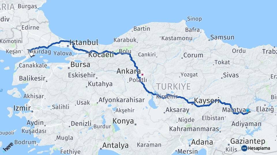 Malatya Şarköy Tekirdağ Arası Kaç Km - Yol Haritası
