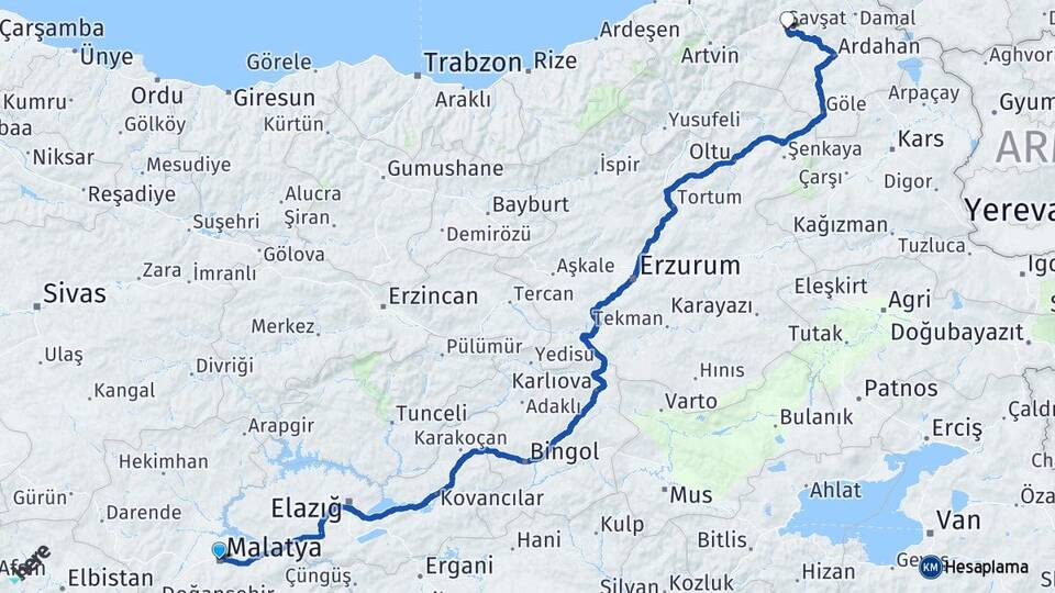 Malatya Şavşat Artvin Arası Kaç Km - Yol Haritası