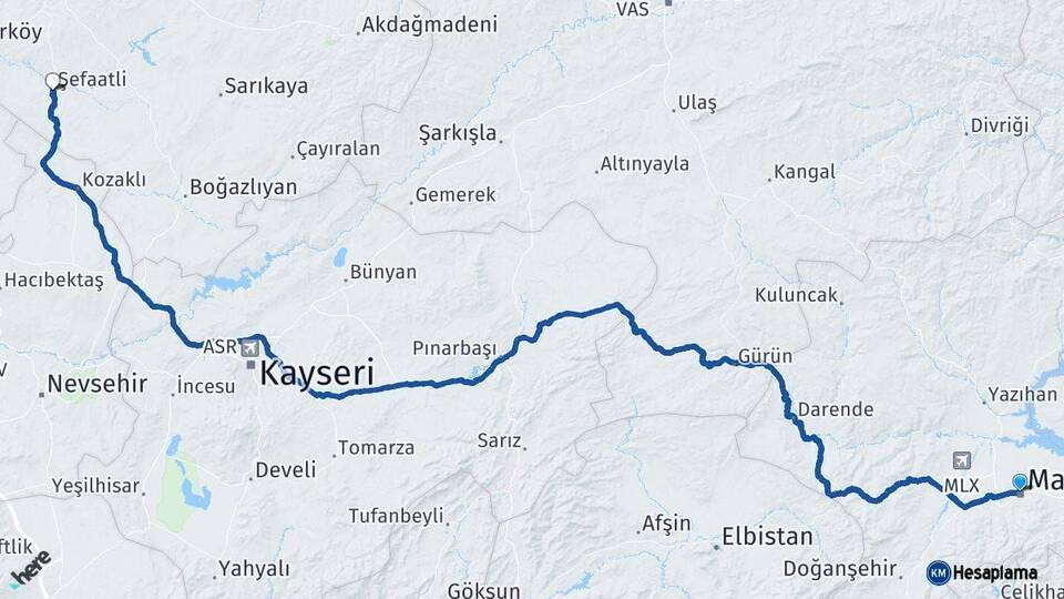 Malatya Şefaatli Yozgat Arası Kaç Km - Yol Haritası
