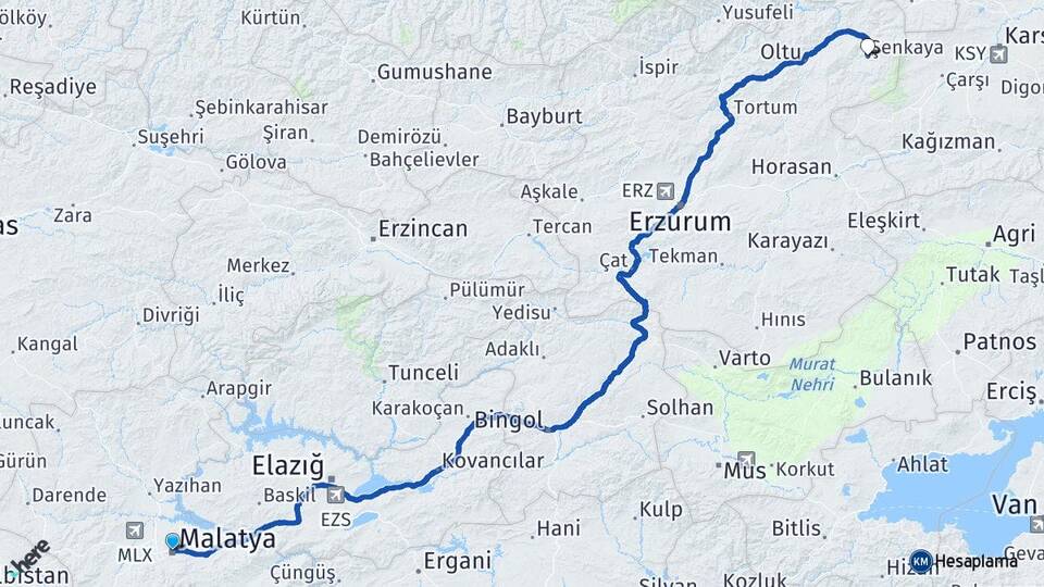 Malatya Şenkaya Erzurum Arası Kaç Km - Yol Haritası
