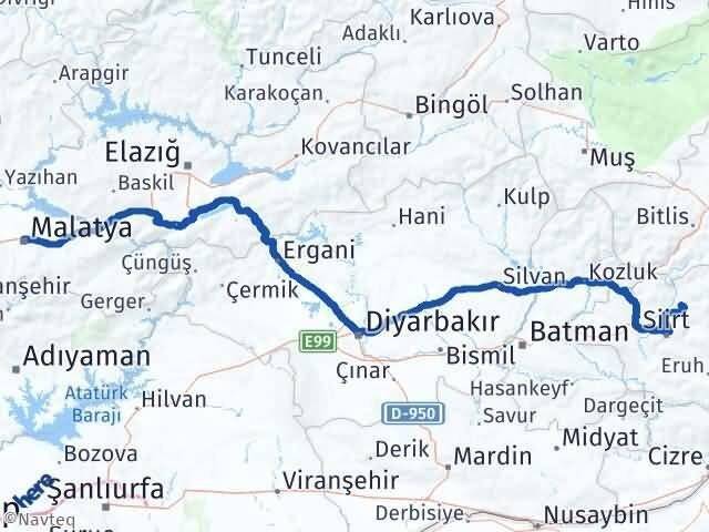 Malatya Şirvan Siirt Arası Kaç Km - Yol Haritası