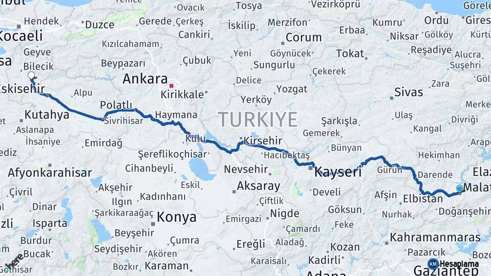 Malatya Söğüt Bilecik Arası Kaç Km - Yol Haritası