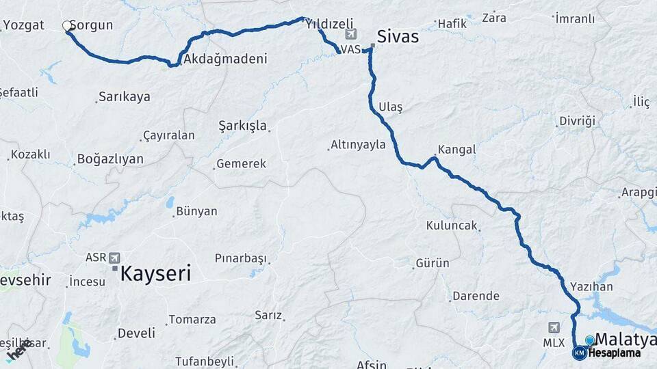 Malatya Sorgun Yozgat Arası Kaç Km - Yol Haritası