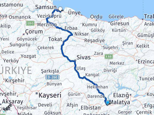Malatya Tekkeköy Samsun Arası Kaç Km - Yol Haritası