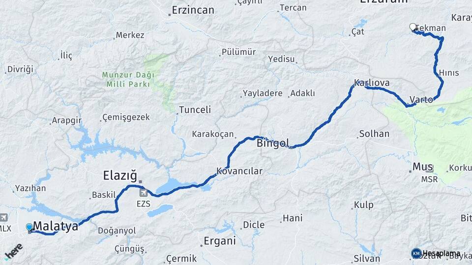 Malatya Tekman Erzurum Arası Kaç Km - Yol Haritası