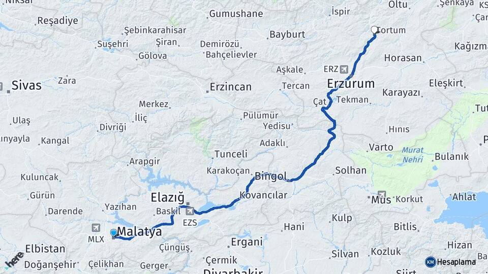 Malatya Tortum Erzurum Arası Kaç Km - Yol Haritası