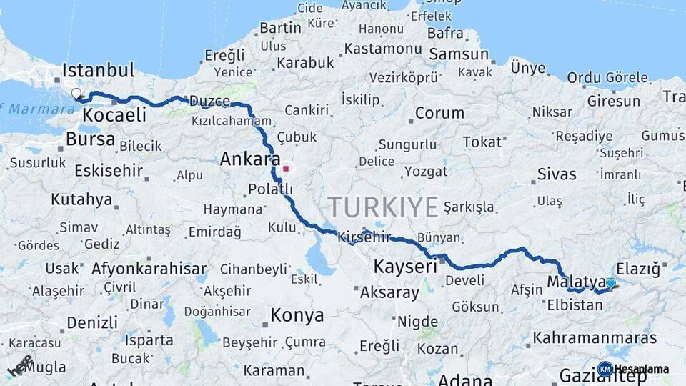 Malatya Tuzla İstanbul Arası Kaç Km - Yol Haritası