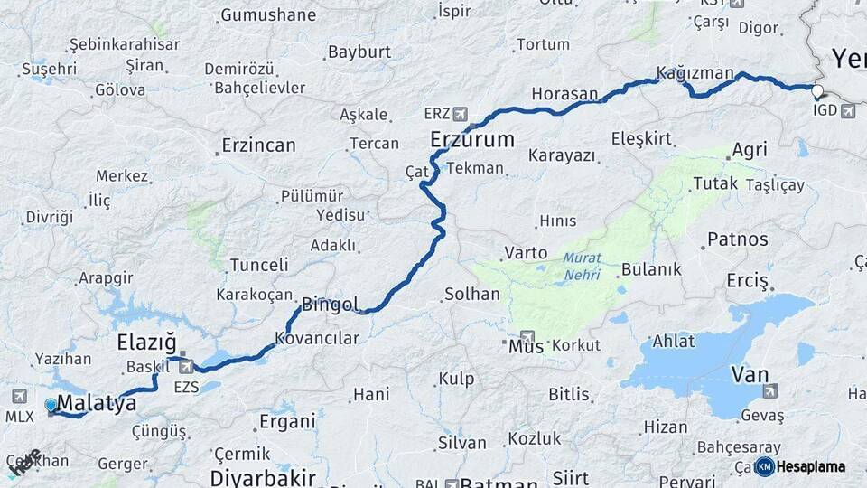 Malatya Tuzluca Iğdır Arası Kaç Km - Yol Haritası