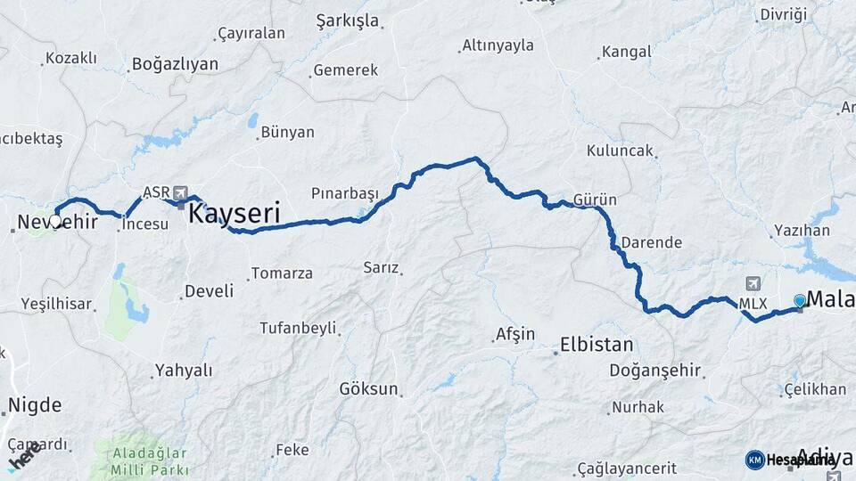 Malatya Ürgüp Nevşehir Arası Kaç Km - Yol Haritası