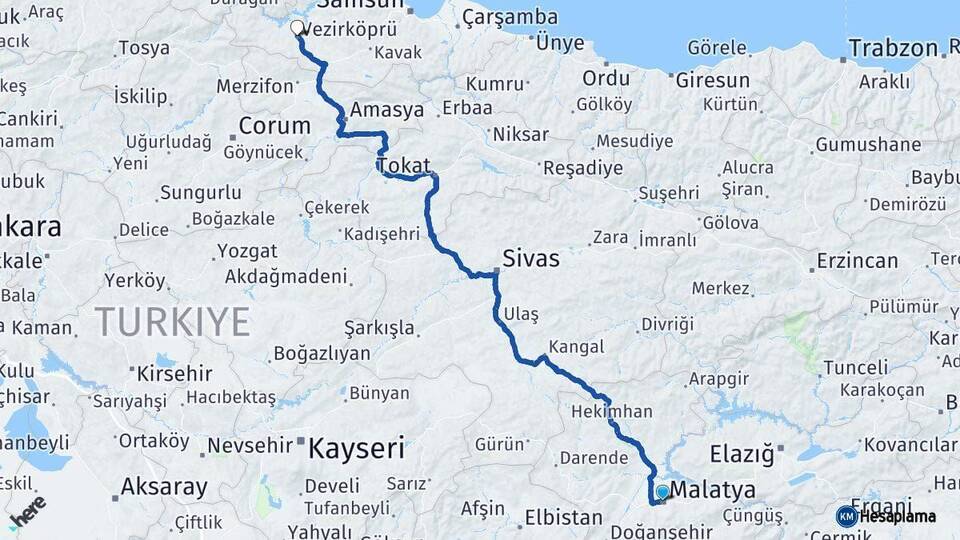 Malatya Vezirköprü Samsun Arası Kaç Km - Yol Haritası