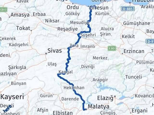 Malatya Yağlıdere Giresun Arası Kaç Km - Yol Haritası