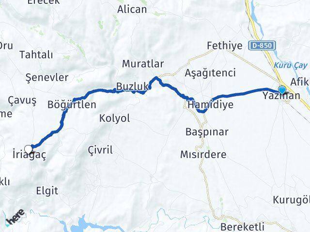 Malatya Yazıhan İriağaç Yazıhan Arası Kaç Km - Yol Haritası