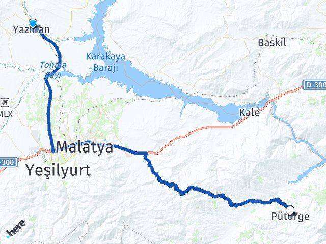 Malatya Yazıhan Pütürge Arası Kaç Km - Yol Haritası