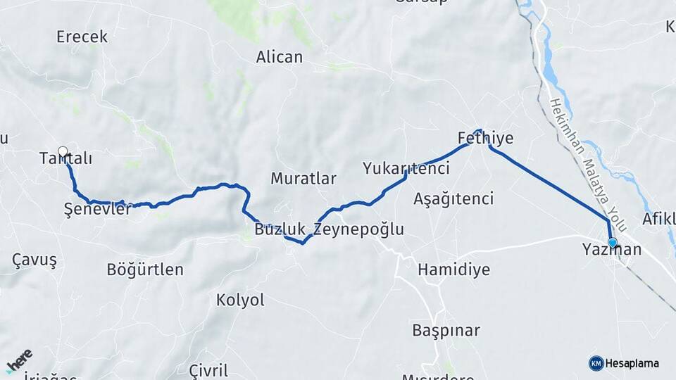 Malatya Yazıhan Tahtalı Yazıhan Arası Kaç Km - Yol Haritası
