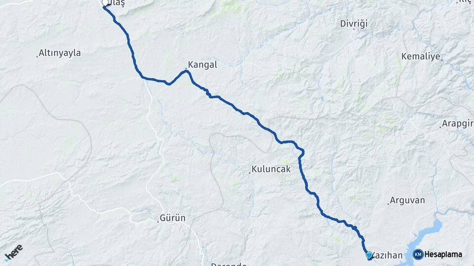 Malatya Yazıhan Ulaş Sivas Arası Kaç Km - Yol Haritası