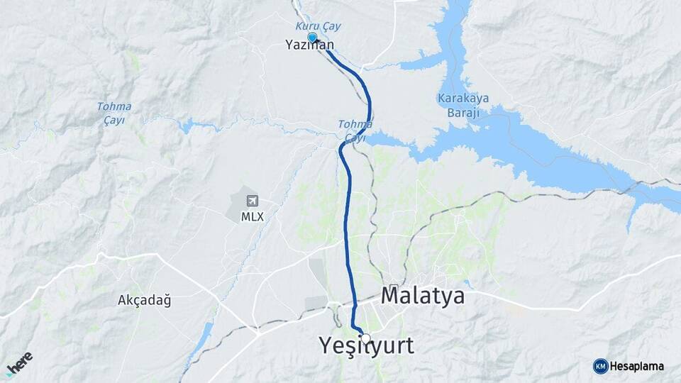 Malatya Yazıhan Yeşilyurt Arası Kaç Km - Yol Haritası
