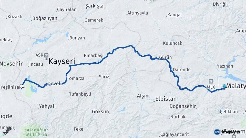 Malatya Yeşilhisar Kayseri Arası Kaç Km - Yol Haritası