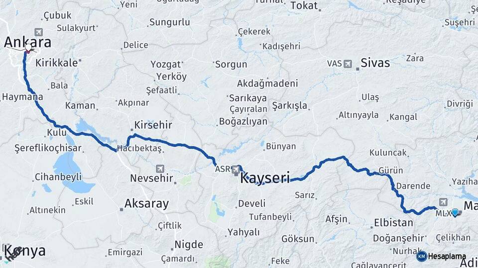 Malatya Yeşilyurt Ankara Arası Kaç Km - Yol Haritası