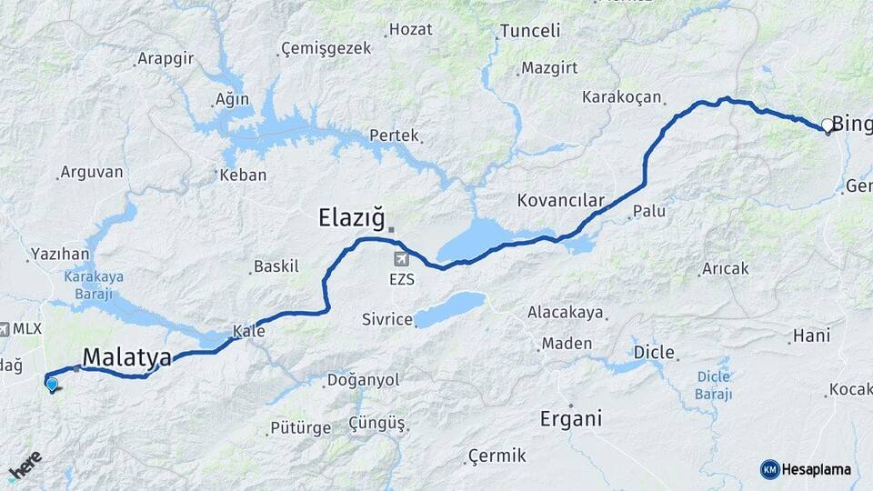 Malatya Yeşilyurt Bingöl Arası Kaç Km - Yol Haritası