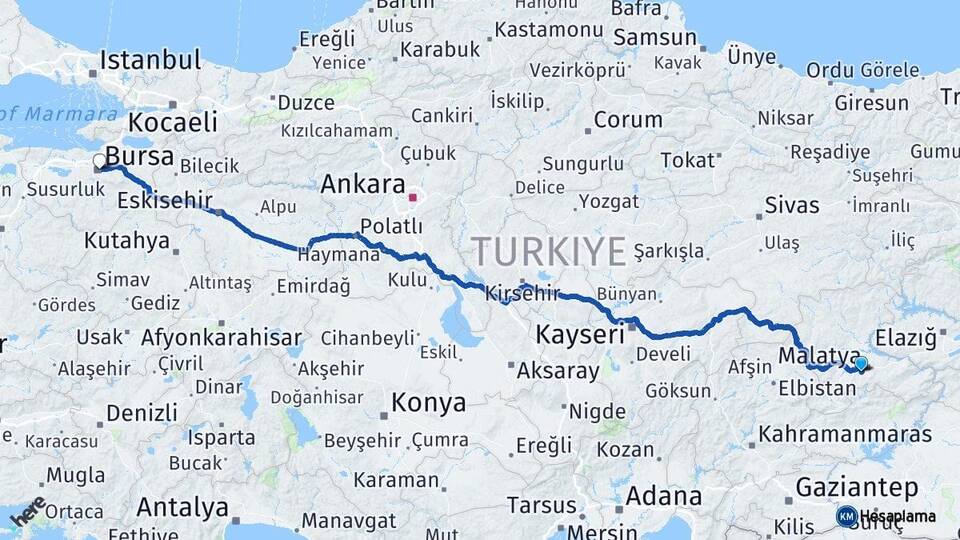 Malatya Yeşilyurt Bursa Arası Kaç Km - Yol Haritası