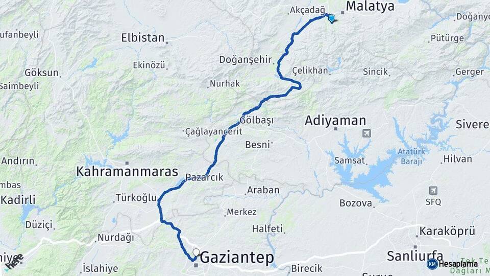 Malatya Yeşilyurt Gaziantep Arası Kaç Km - Yol Haritası