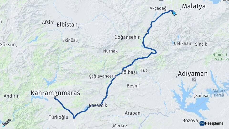 Malatya Yeşilyurt Kahramanmaraş Arası Kaç Km - Yol Haritası