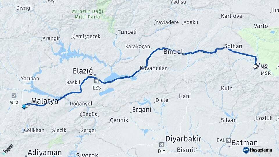 Malatya Yeşilyurt Muş Arası Kaç Km - Yol Haritası