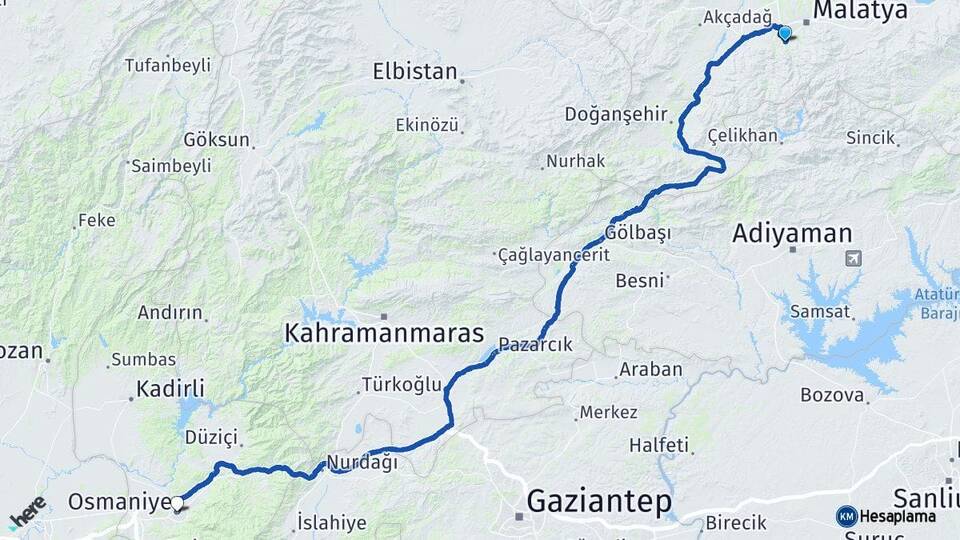 Malatya Yeşilyurt Osmaniye Arası Kaç Km - Yol Haritası