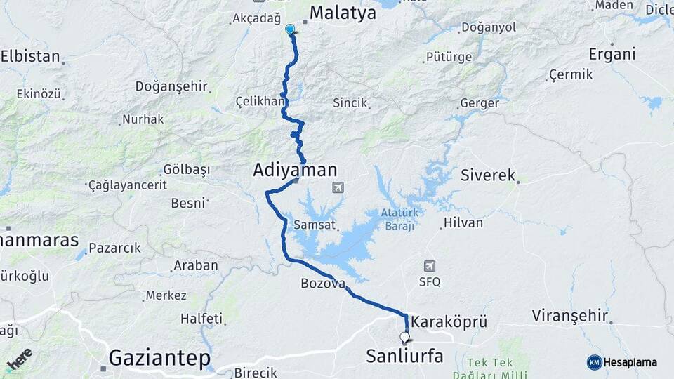 Malatya Yeşilyurt Şanlıurfa Arası Kaç Km - Yol Haritası
