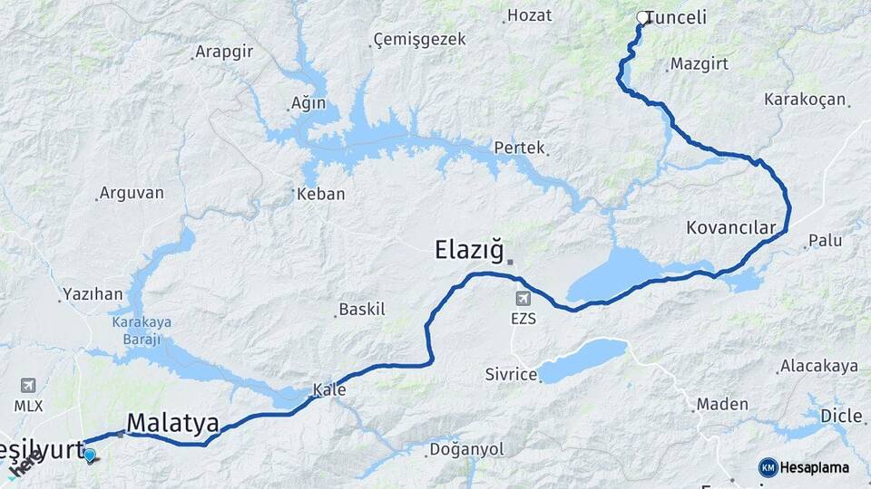 Malatya Yeşilyurt Tunceli Arası Kaç Km - Yol Haritası