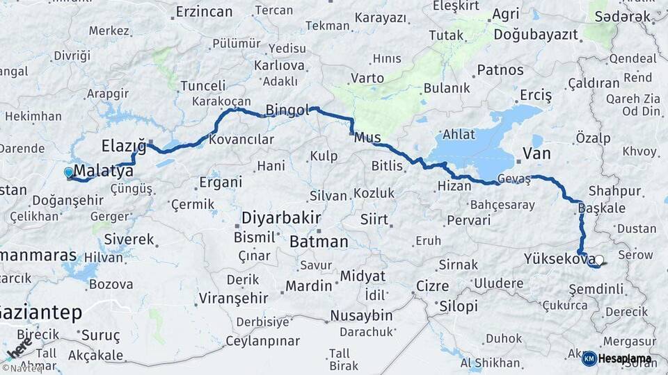 Malatya Yüksekova Hakkari Arası Kaç Km - Yol Haritası