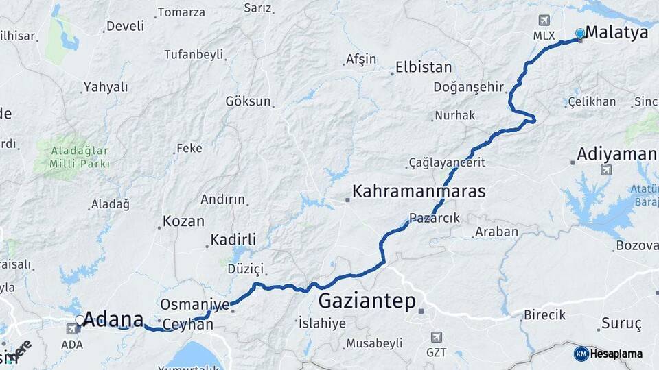 Malatya Yüreğir Adana Arası Kaç Km - Yol Haritası