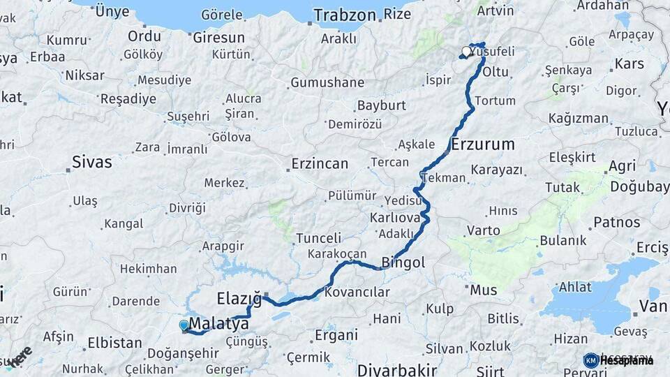 Malatya Yusufeli Artvin Arası Kaç Km - Yol Haritası