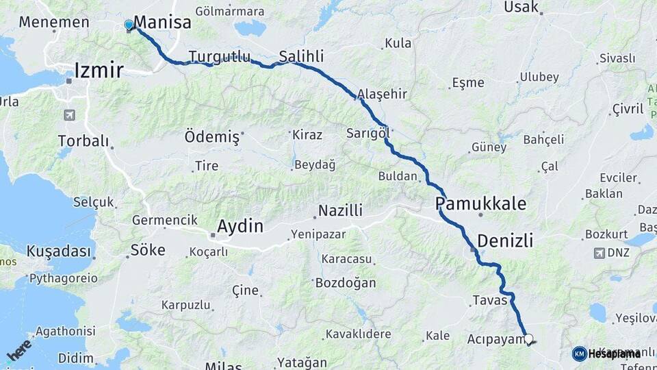 Manisa Acıpayam Denizli Arası Kaç Km - Yol Haritası
