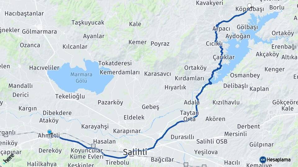 Manisa Ahmetli Köprübaşı Arası Kaç Km - Yol Haritası