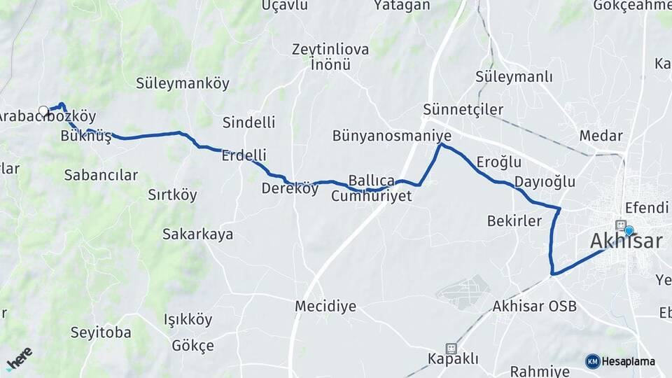 Manisa Akhisar Arabacıbozköy Akhisar Arası Kaç Km - Yol Haritası