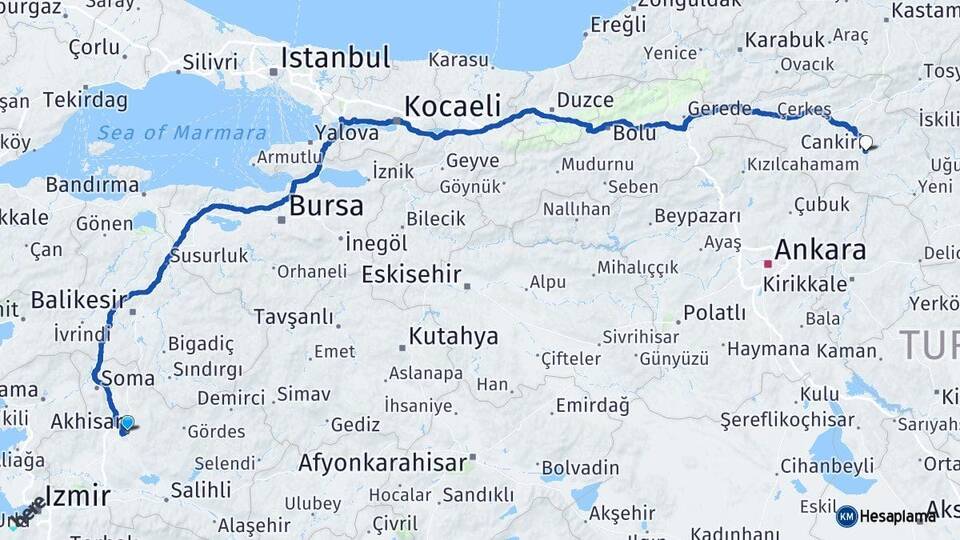 Manisa Akhisar Çankırı Arası Kaç Km - Yol Haritası