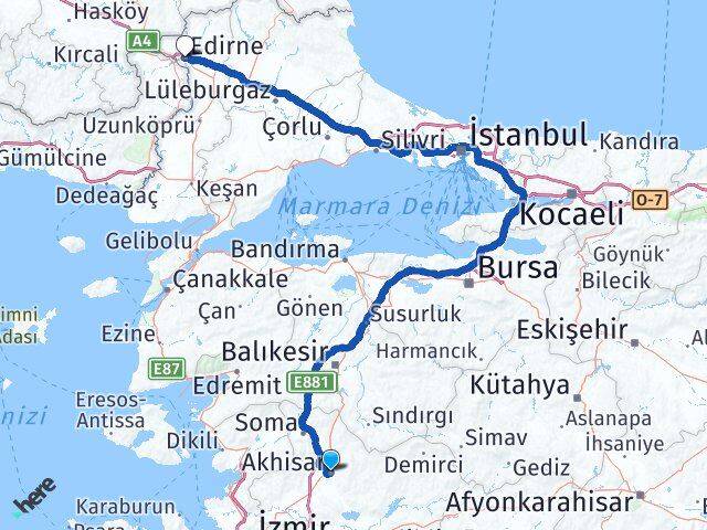 Manisa Akhisar Edirne Arası Kaç Km - Yol Haritası