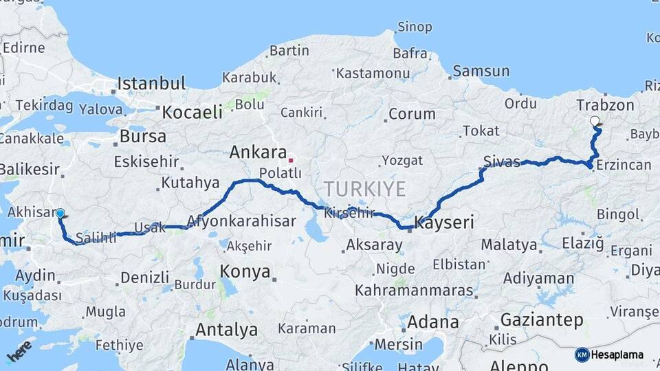 Manisa Akhisar Gümüşhane Arası Kaç Km - Yol Haritası
