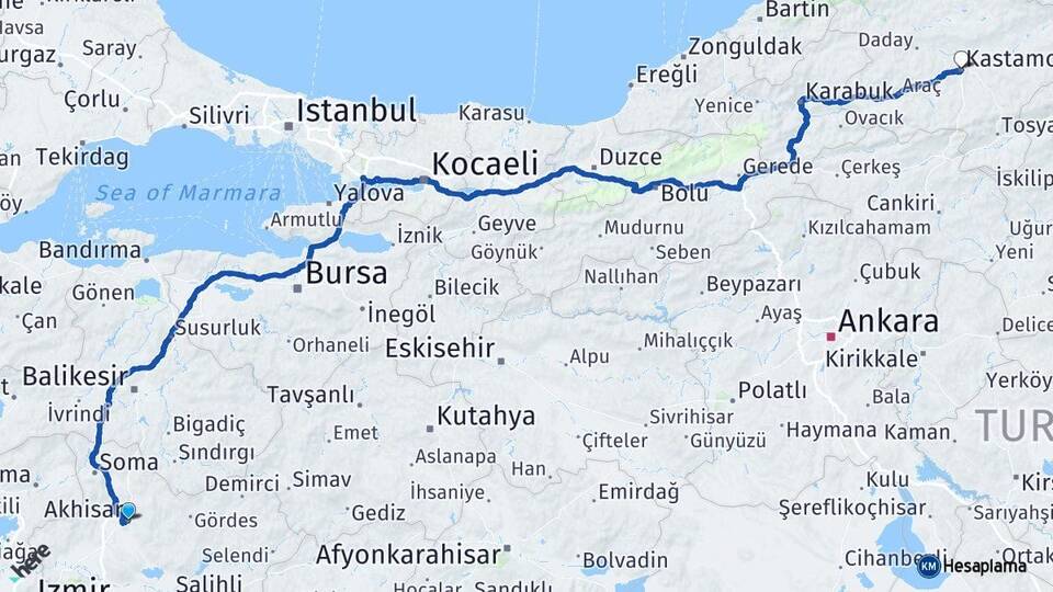 Manisa Akhisar Kastamonu Arası Kaç Km - Yol Haritası