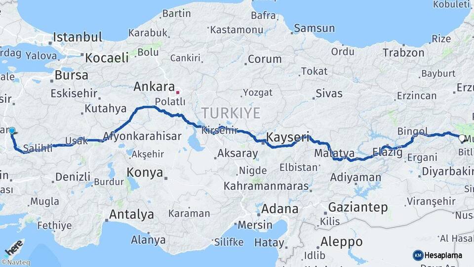 Manisa Akhisar Muş Arası Kaç Km - Yol Haritası