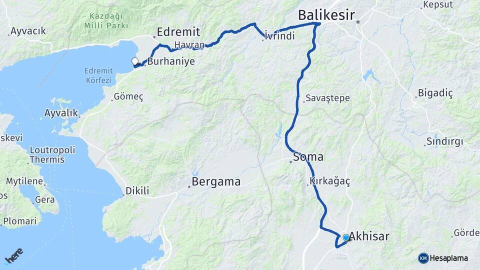 Manisa Akhisar Ören Burhaniye Balıkesir Arası Kaç Km - Yol Haritası