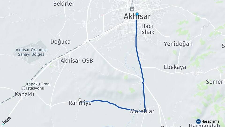 Manisa Akhisar Rahmiye Akhisar Arası Kaç Km - Yol Haritası