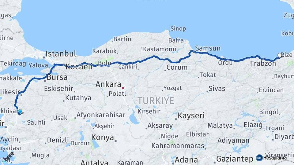 Manisa Akhisar Rize Arası Kaç Km - Yol Haritası