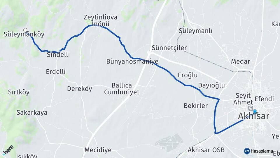 Manisa Akhisar Süleymanköy Akhisar Arası Kaç Km - Yol Haritası