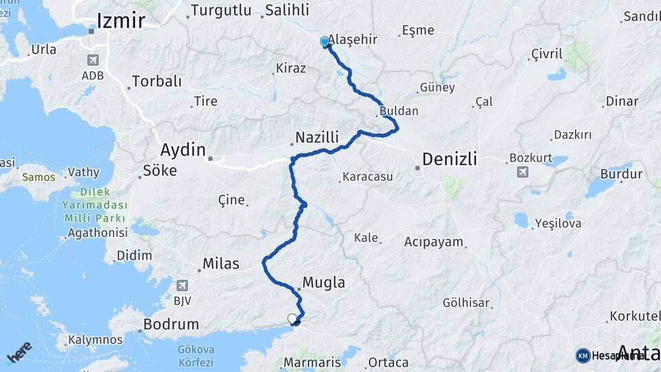Manisa Alaşehir Akyaka Ula Muğla Arası Kaç Km - Yol Haritası