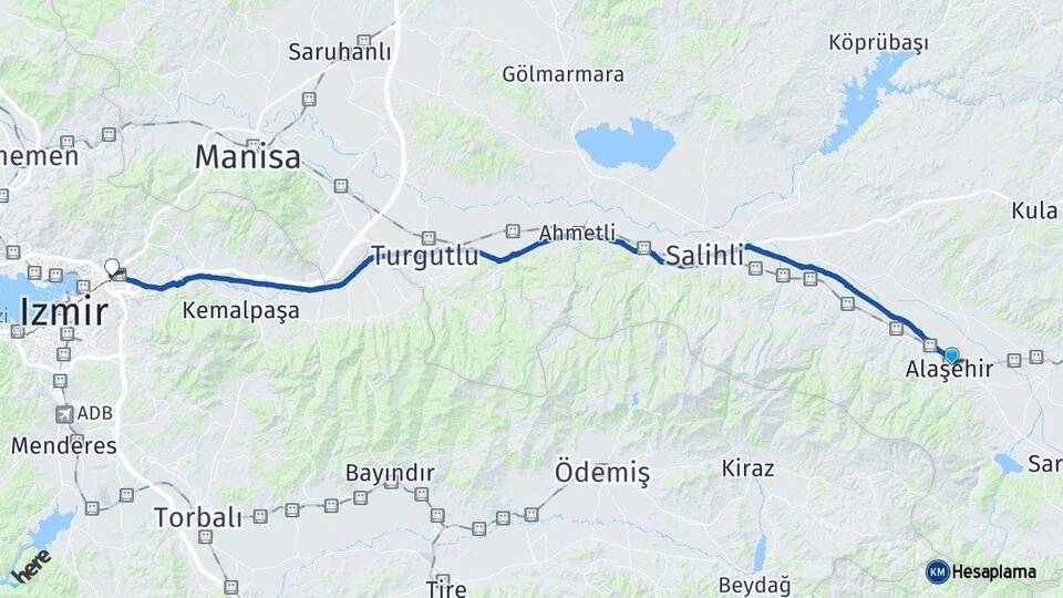 Manisa Alaşehir Bornova İzmir Arası Kaç Km - Yol Haritası