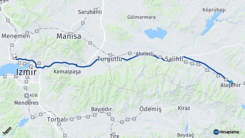 Manisa Alaşehir Çiğli İzmir Arası Kaç Km - Yol Haritası