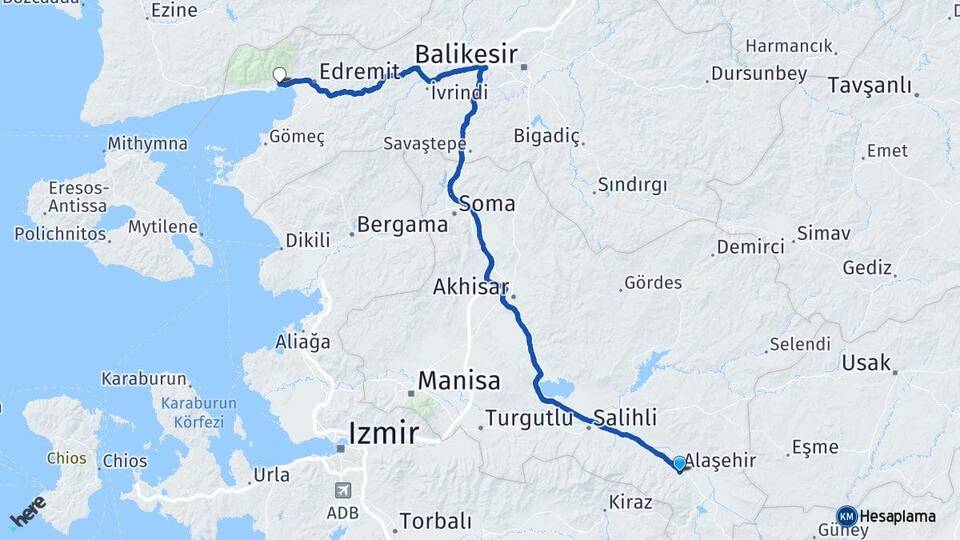 Manisa Alaşehir Güre Edremit Balıkesir Arası Kaç Km - Yol Haritası